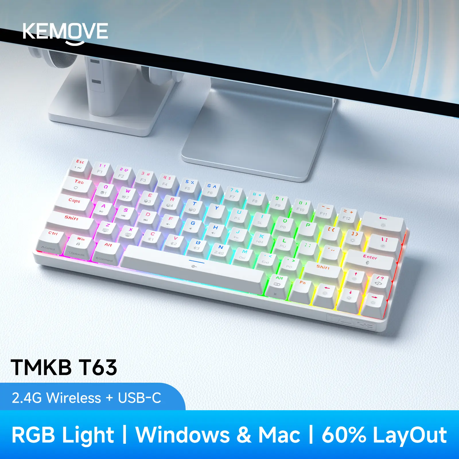 TMKB T63 60% Wireless Mechanical Gaming Keyboard, Bluetooth, Triple Mode BT5.0/2.4G/USB-C, RGB Backlit for iPad Mac PC Xbox,  gaming room accessories
