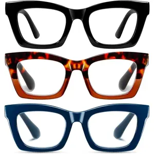 3 Pack Oprah Style Reading Glasses for Women Men Blue Light Blocking Computer Square Readers with Spring Hinge and Glasses pouch 1.50