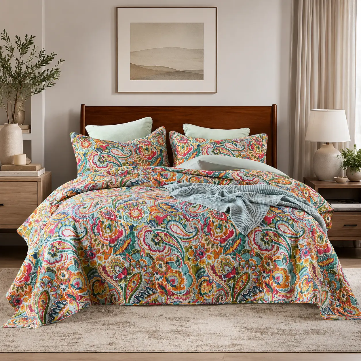 Cotton Bedspread Quilt Sets, Reversible Bedding Coverlet Sets Comforter, Gorgeous Red Floral Paisley Bedspread, King Size
