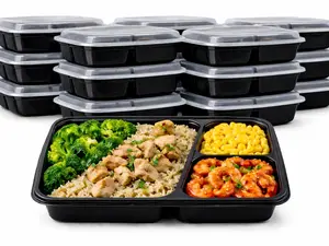 3 compartment 34oz One Time Use Plastic Black BPA Free Food Prep Containers, Bento Box, Fast Food Take Out Box, BBQ Box, Portable, Stackable, Extra Thick, Microwavable, Freezer Safe, Disposable, Leak proof, Dish Washer Safe