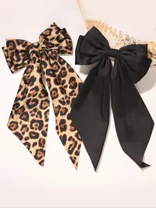 2-Pack Long Tail Hair Claw Clips, Leopard & Solid Satin Bow Designs, Preppy Style for School, College, Fall Fashion, Hair Clip Set