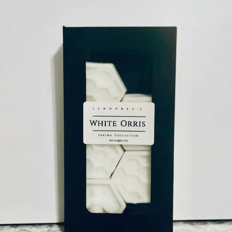 Jennybee's White Orris Spring Collection - Bee-Shaped Wax Melts in Sleek Black Box - Soy Blend Wax - 5 Large White Tarts -Candles