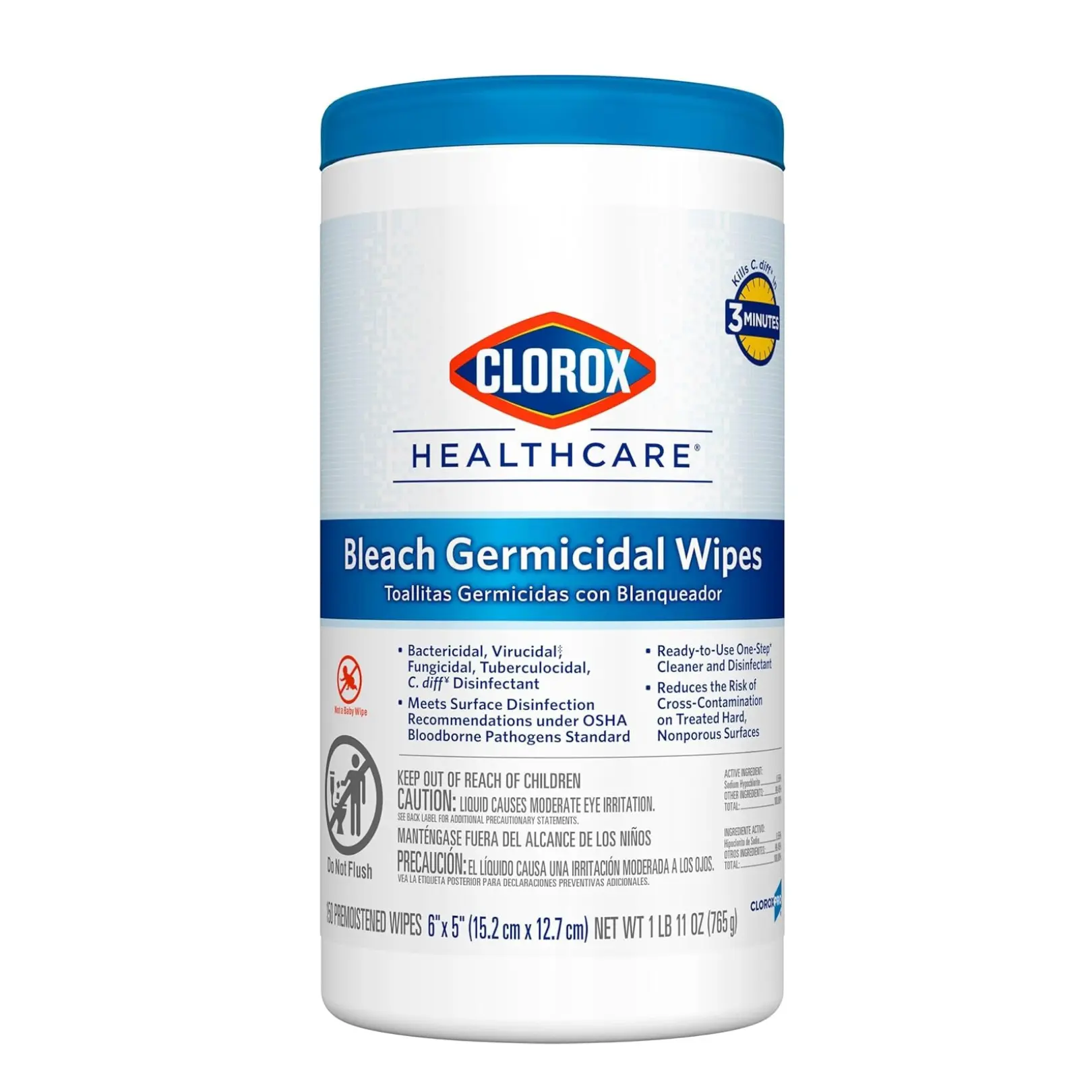 Clorox Healthcare Bleach Germicidal Wipes, 150 Count Canister (Package May Vary)