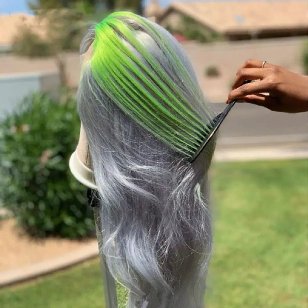 Handmade Custom Green Highlight Gray Body Wave Lace Front Wig 13x6 Brazilian Human Hair Wigs Pre Plucked Remy Ombre Gray Hair 150% Middle Deep Parting Virgin Hair Wigs (20inch, 13X6)