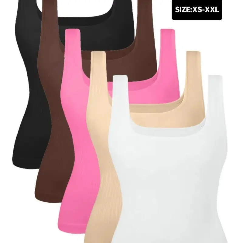 Women's Basic Minimalist Tummy Control Garments Underwear Shapewear Tank Tops, Seamless Square-Neck Smooth Compression-Fit Tops, Solid Body Shaper