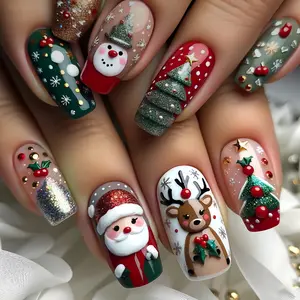 Christmas Press on Nails Square Medium Fake Nails Cute False Nails with Santa Claus Snowman Tree Elk Designs Winter Xmas Stick on Nails Full Cover Acrylic Nails for Women Nails Manicure Decor 24 Pcs