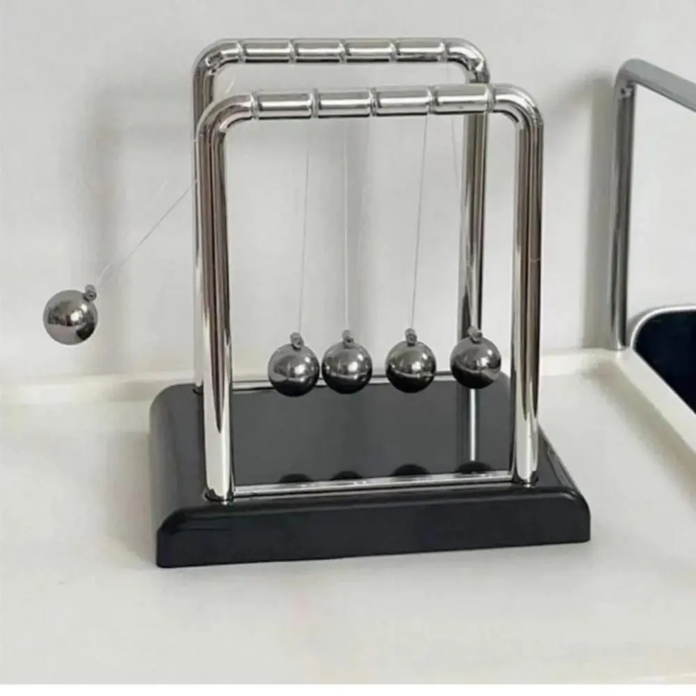 Newton's Cradle Metal Balance Balls - 8.5*7*9 cm Black with Silver Frame Desktop Toy, Physics Energy Transfer Demo, Unisex Stress Relief House Decoration, Teachers' Science Learning Supplies Gift