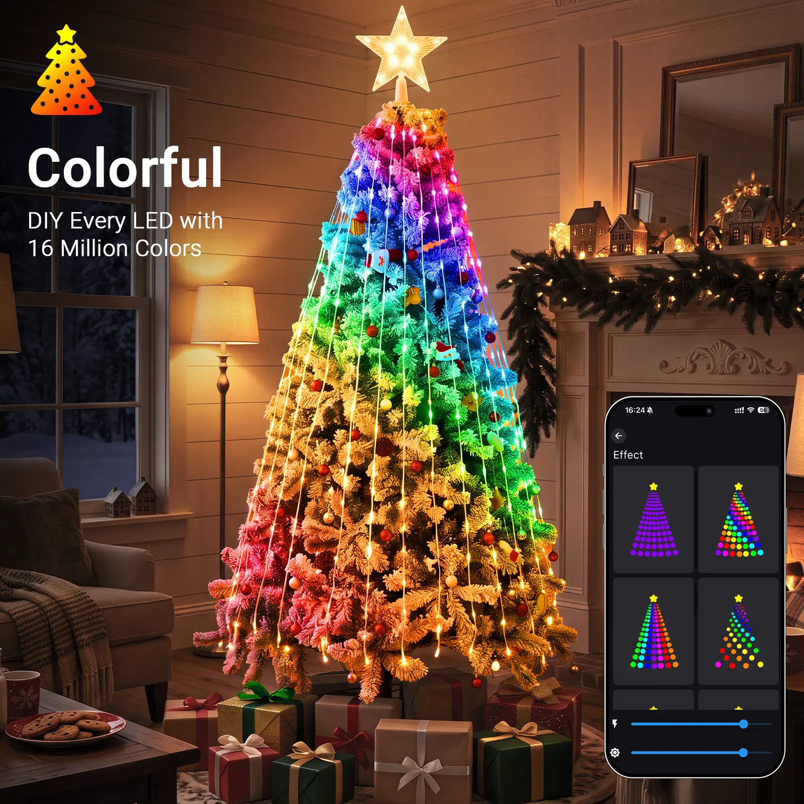 HOODINK7/6ft Snow Flocked Pre-lit Christmas Tree with 400LED smart Lights, 900/600 Lush Branch Tips & Quick-Assembly Hinged Design, Full Artificial Xmas Tree for Winter Holiday Décor, Green & White