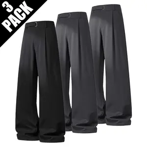 Men’s pleated wide-leg trousers Men’s pleated wide-leg suit pants with D-ring buckle Flowing suit pants for men, casual/formal High-waisted flowy wide-leg dress pants for men Adjustable D-ring waist pleated casual commuter trousers for men male clothes
