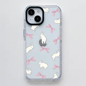 Pink Bow and Rabbit , Scratch Resistant Shockproof Protective Cover TPU Clear Soft Phone Case for iPhone16 15 14 13 12 11 Pro Max Plus Girly Trendy
