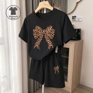 Women's Leopard-Print Bow Graphic Short Sleeve T-Shirt And Shorts Set, Casual Summer Two-Piece Outfit With Crew Neck Top And Drawstring Waist Shorts For Daily Wear