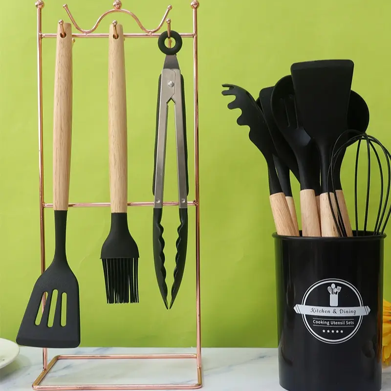 12-Piece Silicone Kitchen Utensil Set with Wooden Handles - Non-Stick Cooking Tools Set, Heat-Resistant Spatula & Spoon Set for Non-Stick Cookware