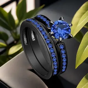 2pc Exquisite Black Golden Platecouple Blue Rings Set with Round Zircon, Gifts for Men & Women Wedding Engagement Promise Bride Eternity Ring Anniversary Ring Birthstone Ring Ladies Romantic Holiday Gift