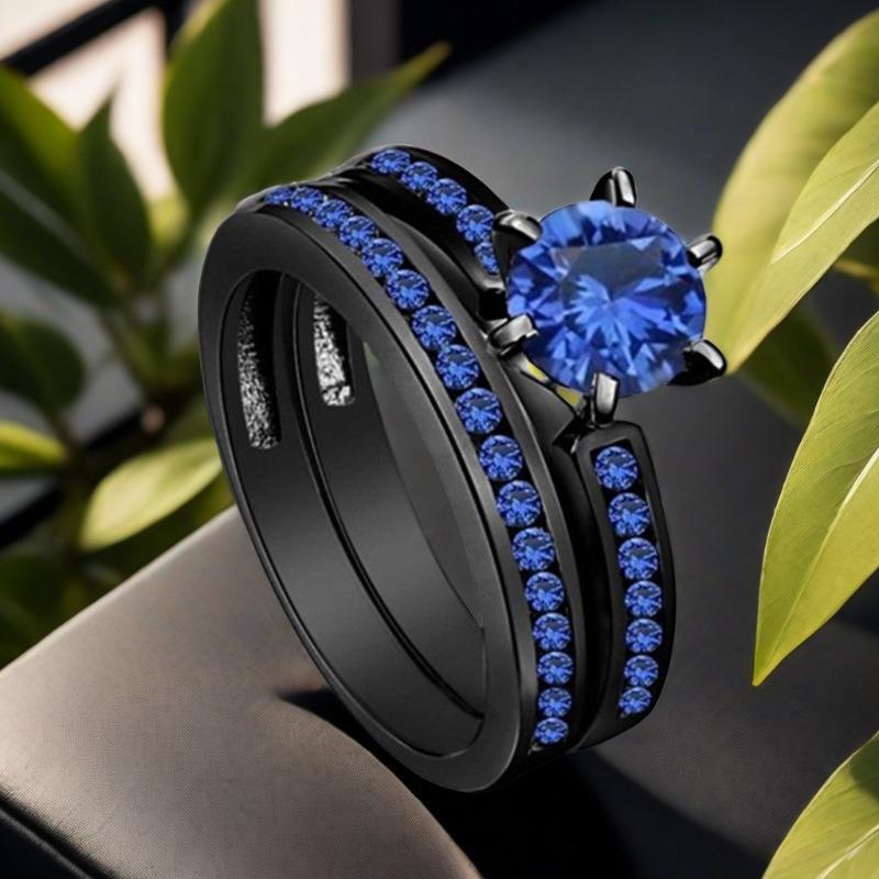 Men’s & Women’s 2-Pc Black and Gold Accented Rings Romantic Duo Set, Exquisite Round Zircon Blue Couple Rings, Wedding Engagement Promise Eternity Birthstone Anniversary Token Gift