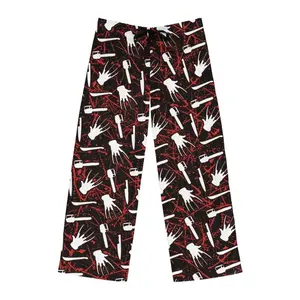 Horror Slasher Pajama Pants, Spooky Knife Claw Blood Splatter Print Lounge Pants, Unisex Wide Leg Casual Sleep Bottoms, Cozy All Season Comfortable Sleepwear For Men Women