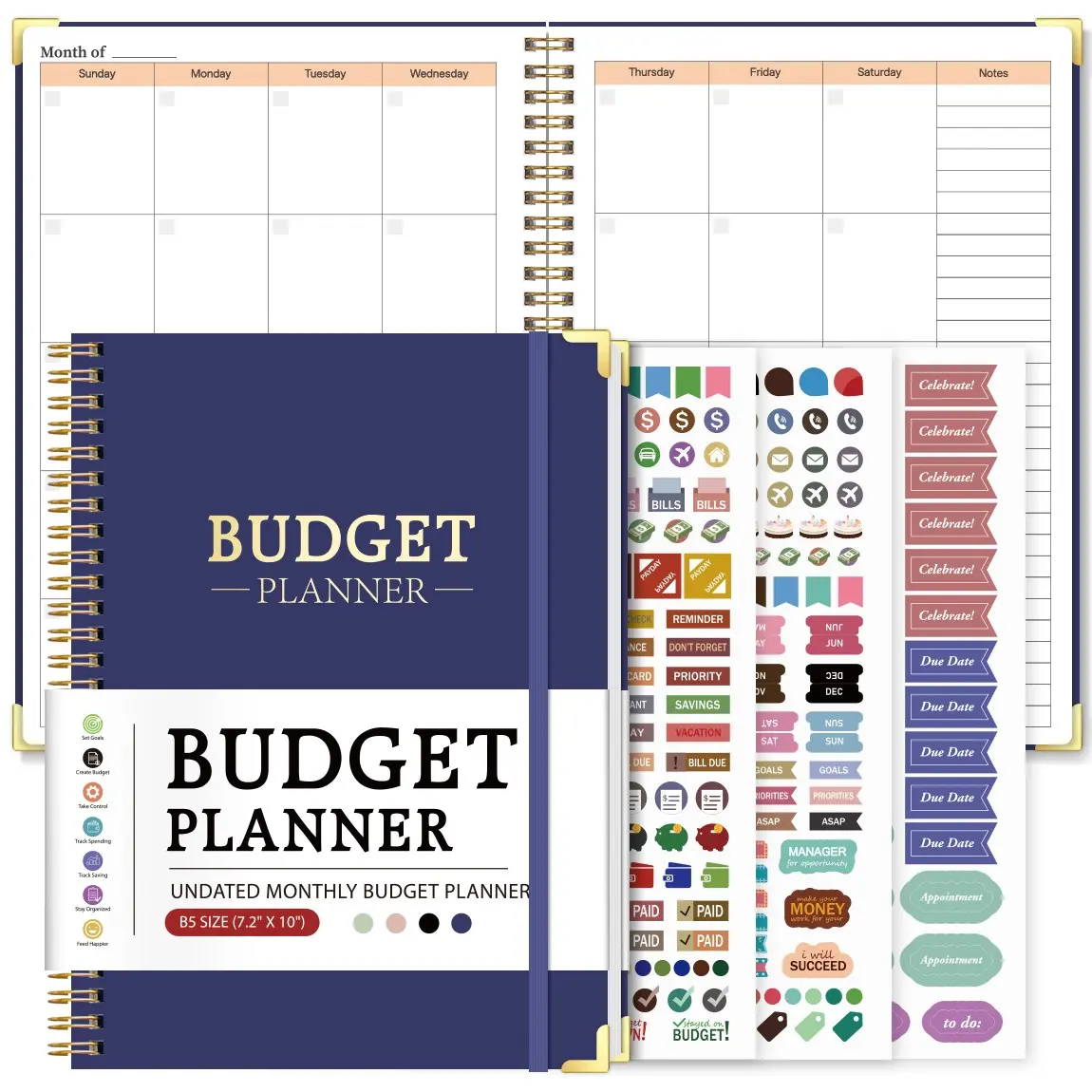 Blue Budget Planner Notebook, Monthly Financial Management Book, Monthly Bill Organizer, Budget Planner And Monthly Bill Organizer, Spiral Bound, Income Expense Savings Challenge Planner Debt Tracker, Includes Stickers