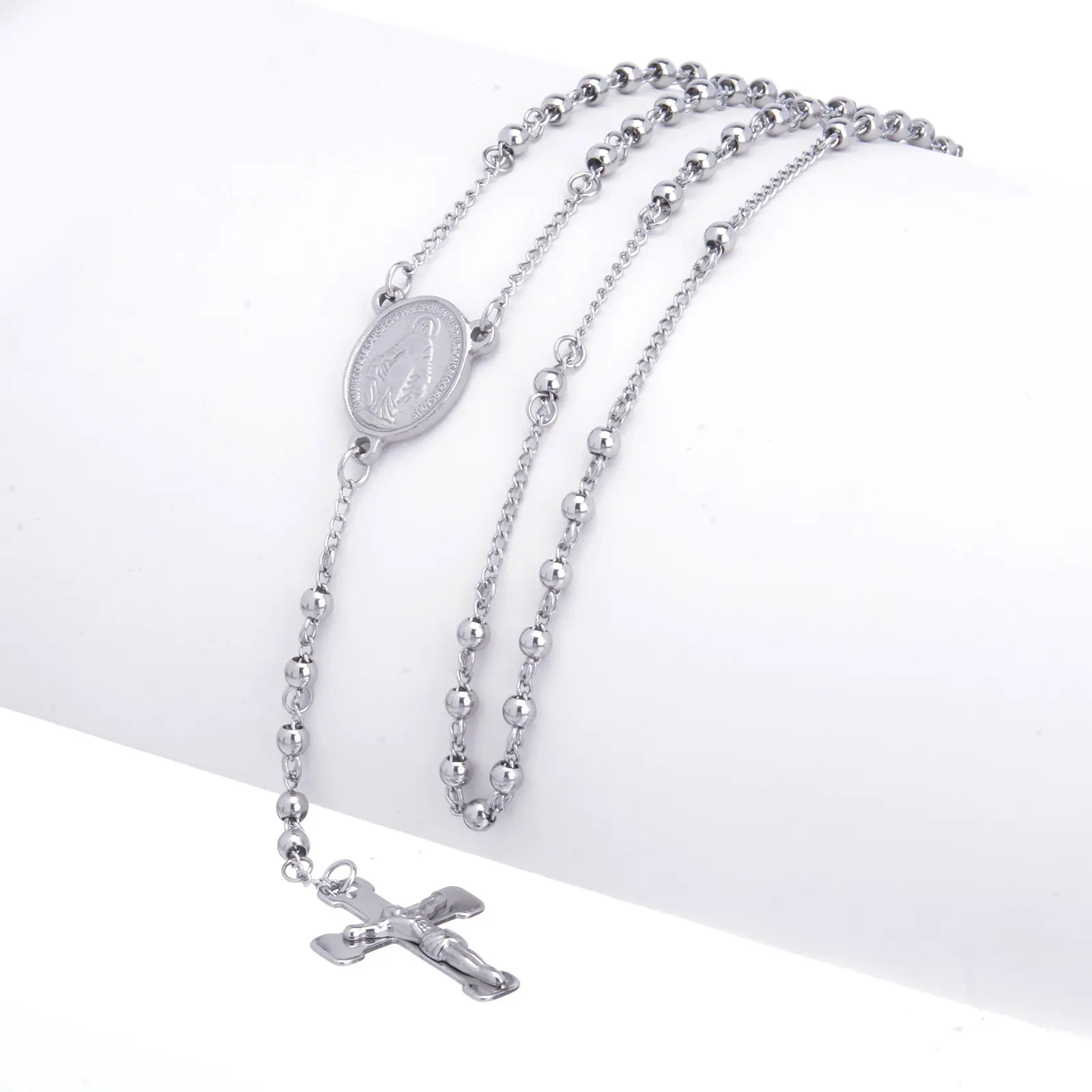 Water Resistant Virgin Mary Guadalupe Rosary Cross Necklace | Tarnish Resistant Stainless Steel Silver Bead Chain 4mm 26" | Men's Women's Religious Jewelry SRY502S