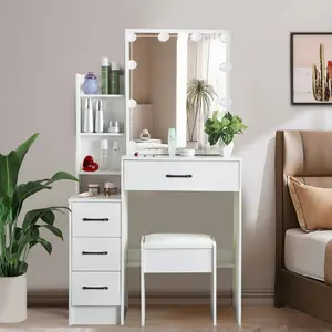 White Dressing Table Set With Large LED Lighted Mirror and 4 Drawers Vanity Desk and Stool For Bedroom