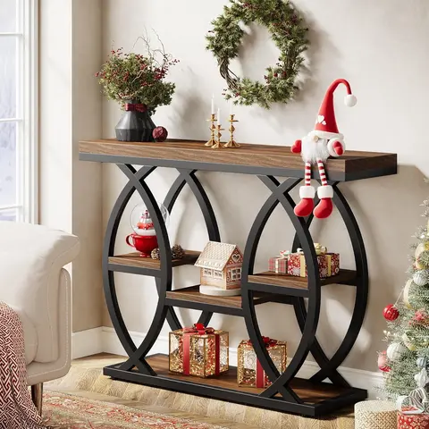 LITTLE TREE 39.4" Console Table, Industrial 4-Tier Sofa Table Entryway Table with Storage Shelves, Narrow Wood Accent Tables with Metal Frame for Small Spaces, Hallway, Foyer
