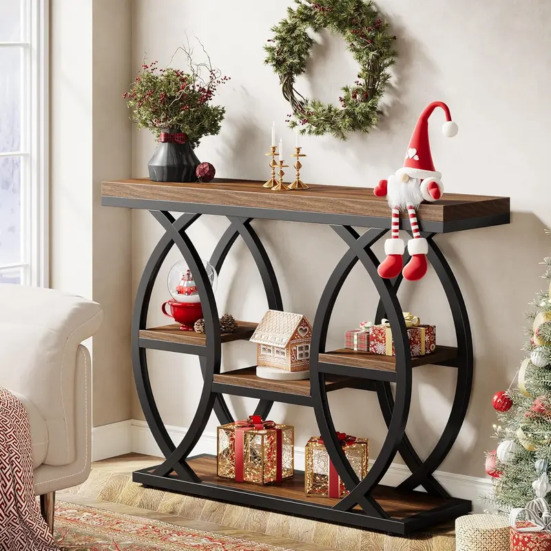 LITTLE TREE 39.4" Console Table, Industrial 4-Tier Sofa Table Entryway Table with Storage Shelves, Narrow Wood Accent Tables with Metal Frame for Small Spaces, Hallway, Foyer