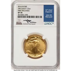Modern Bullion Coins (2016-W 50C Walking Liberty 100th Anniversary Gold Centennial  FR John Mercanti Blue)