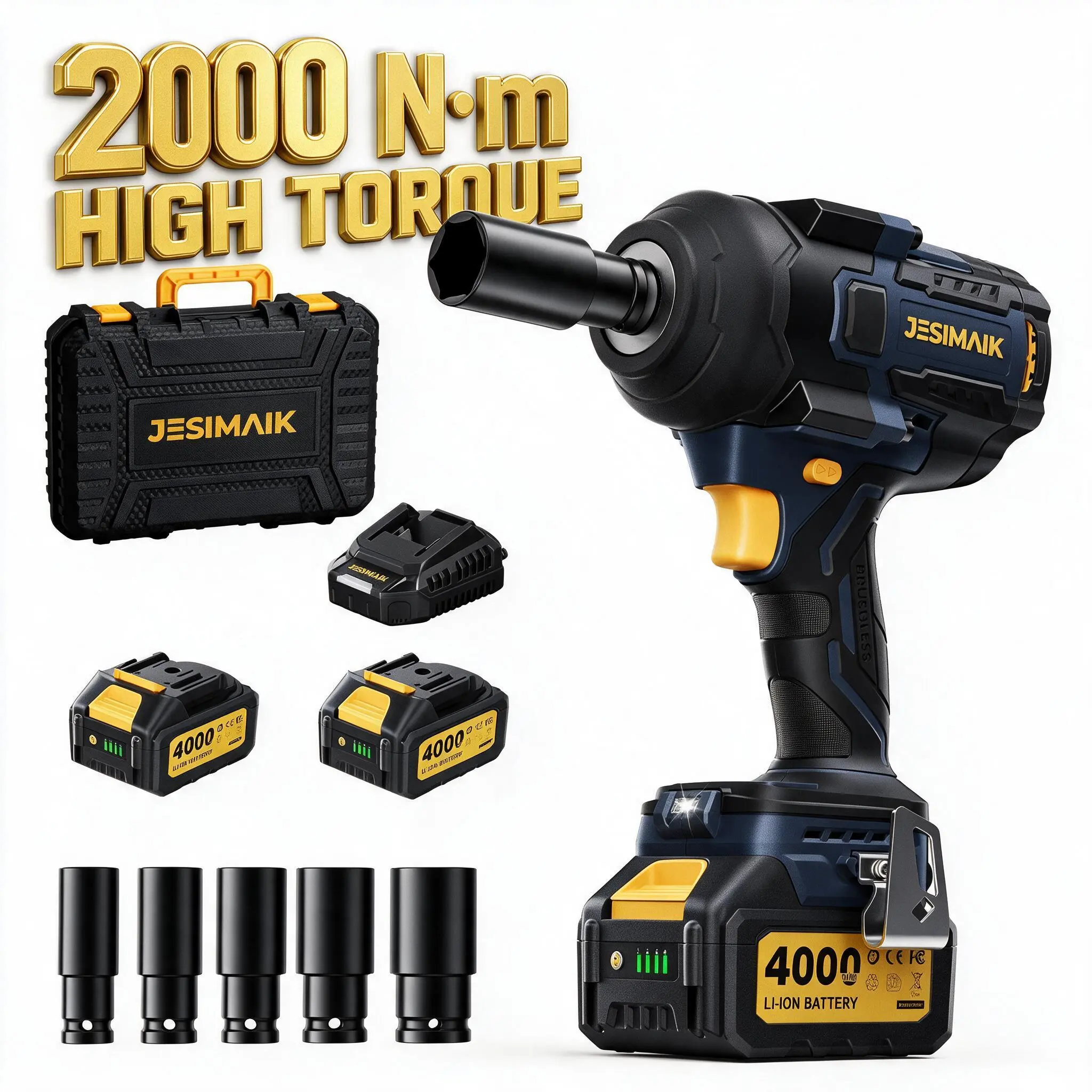 2000-1200N.M High Torque Cordless Impact Wrench 1/2 Brushless Impact Gun 21V Electric Impact Wrench with 2×4.0Ah Batteries 4 Impact Modes 5 Sockets for Truck RV Car & Heavy Duty deskmakeover