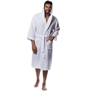 Turquaz Waffle Hooded Long Robe Men Cotton Blend Square Pattern Soft
