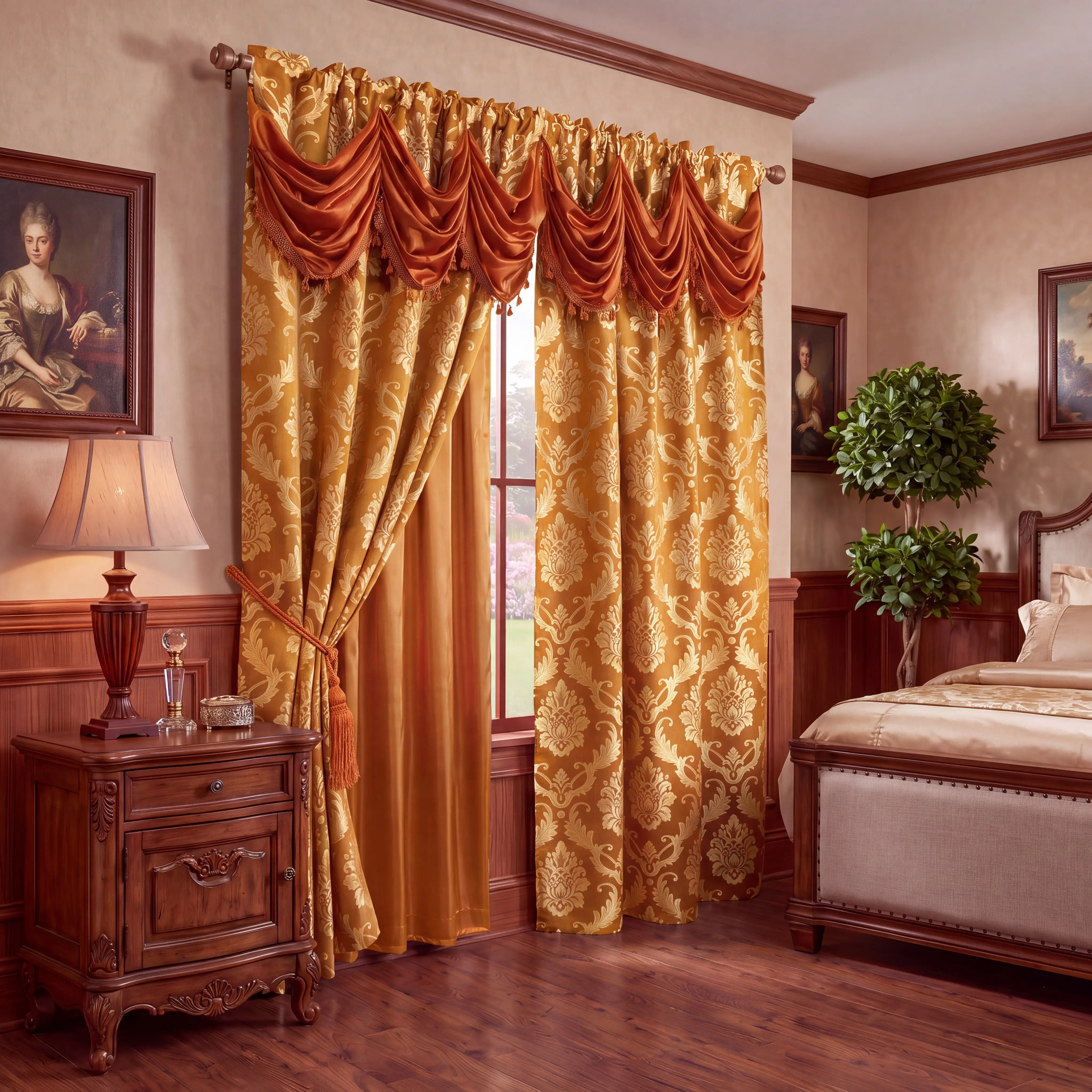 Baroque Damask Jacquard 2-Panel Blackout Curtain Set with Attached Waterfall Swag Valance & Fringe Trim, Satin Liner Rod-Pocket Drapes, 52x84" Anti-Shrink for Formal Living Room Decor JV1