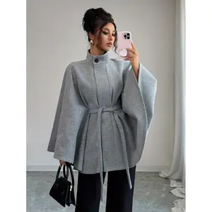 Women's Autumn and Winter Elegant Solid Color Stand Collar Waist-Tied Shawl Cape Coat