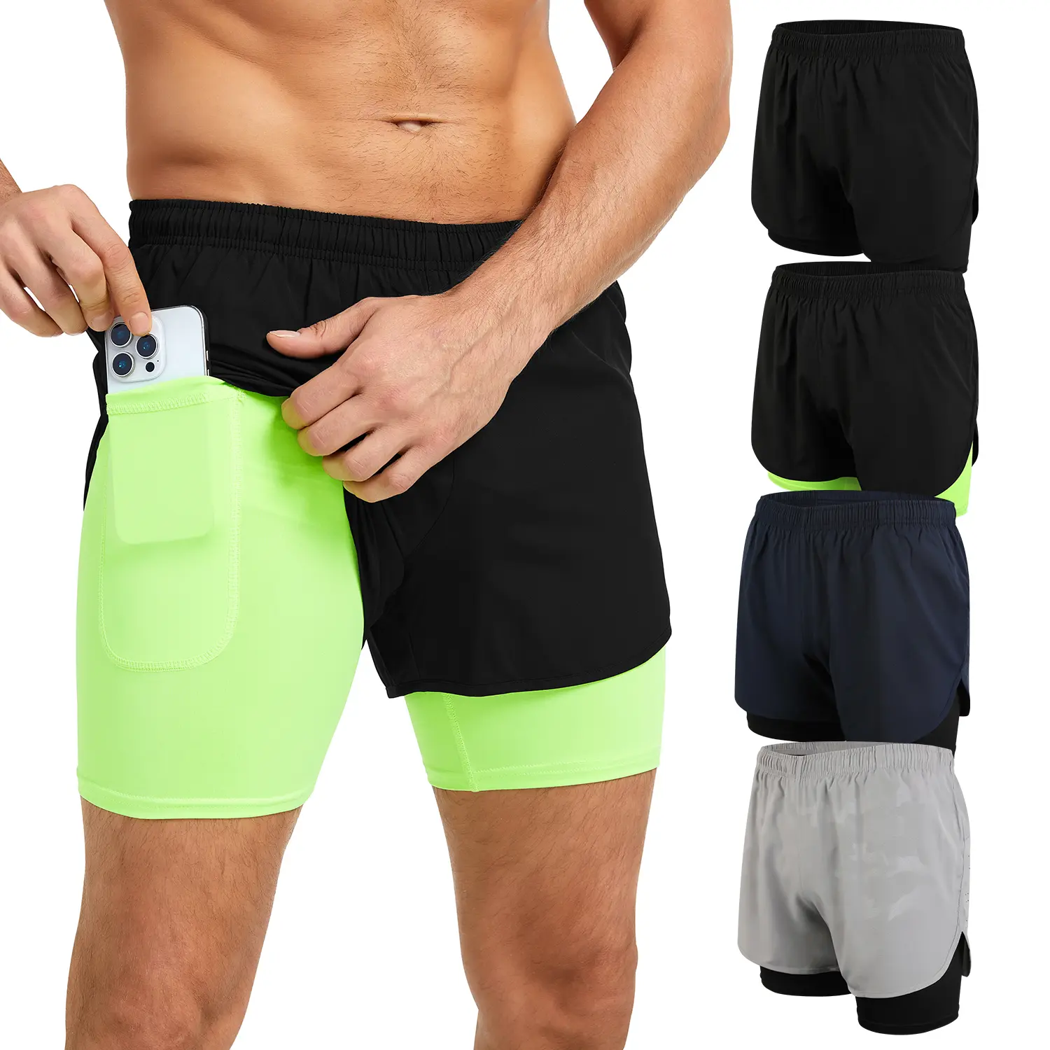 Men's 2-in-1 5" Quick Dry Breathable Lightweight Solid Shapewear Shorts with Phone Pockets, Elastic Fabric, Reflective Details for Gym Workouts - Sport Pants Jogging Shorts