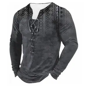 Men's Tribal Print Long Sleeve Top Gray V-Neck Shirt with Lace-Up Front & Geometric Shoulder Design for Versatile Wear
