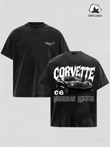 Vintage Washed Corvette C6 Graphic T-Shirt,  Washed Racing Car Tee, 100% Cotton Crewneck, Classic Sports Car Merch for Men & Boys, Trendy Retro Unisex Top