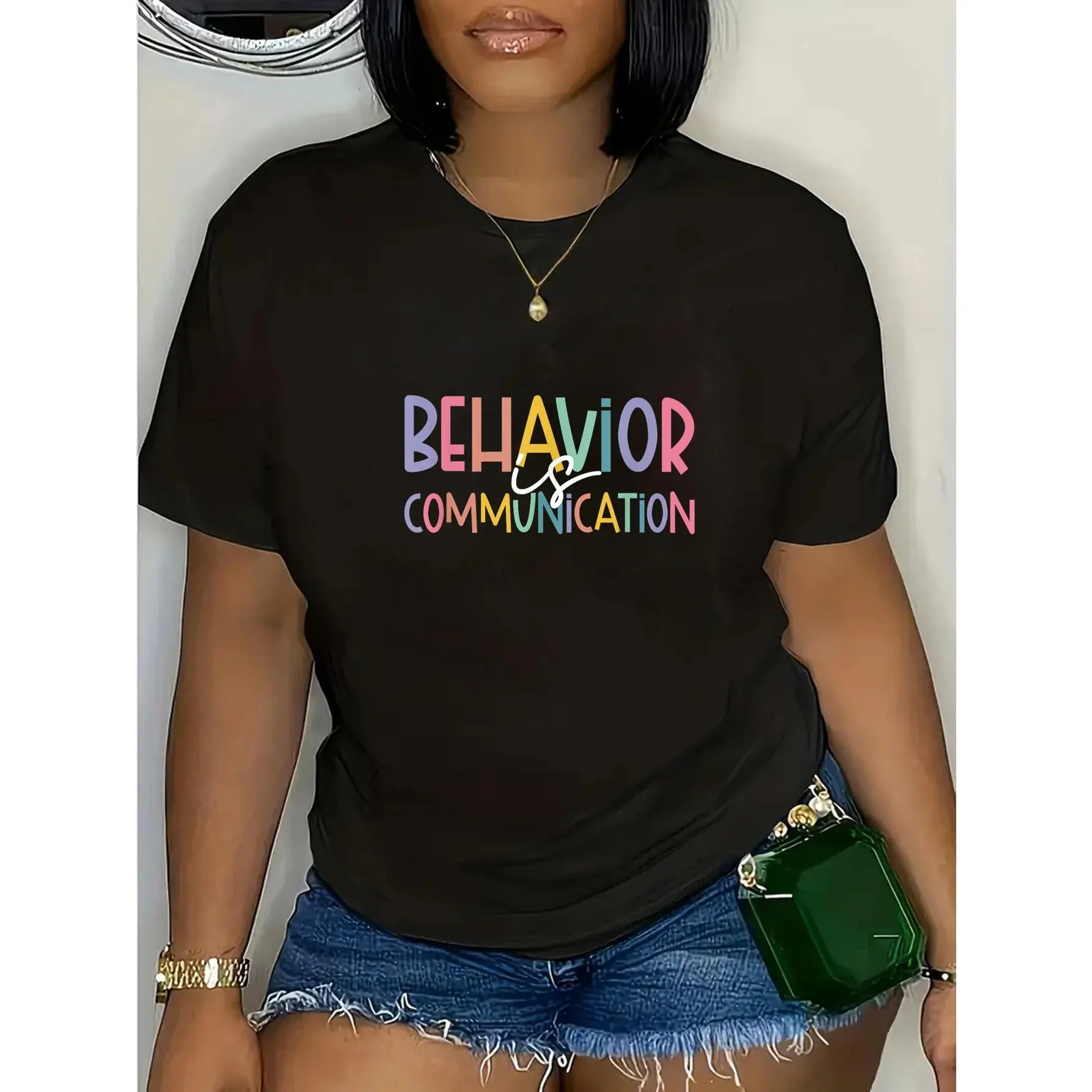 Behavior Is Communication Special Education SPED Teacher T-Shirt 100% Cotton Crew Neck Short Sleeve Black Women's Casual Tee