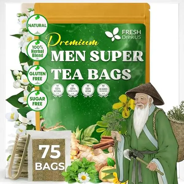 Premium 75 Tea Bags Men Super Tea – Herbal Blend with Senna, Dandelion Root, Ginger, Peppermint & More – 100% Natural, Sugar-Free. Caffeine-Free. Gluten-Free. Vegan