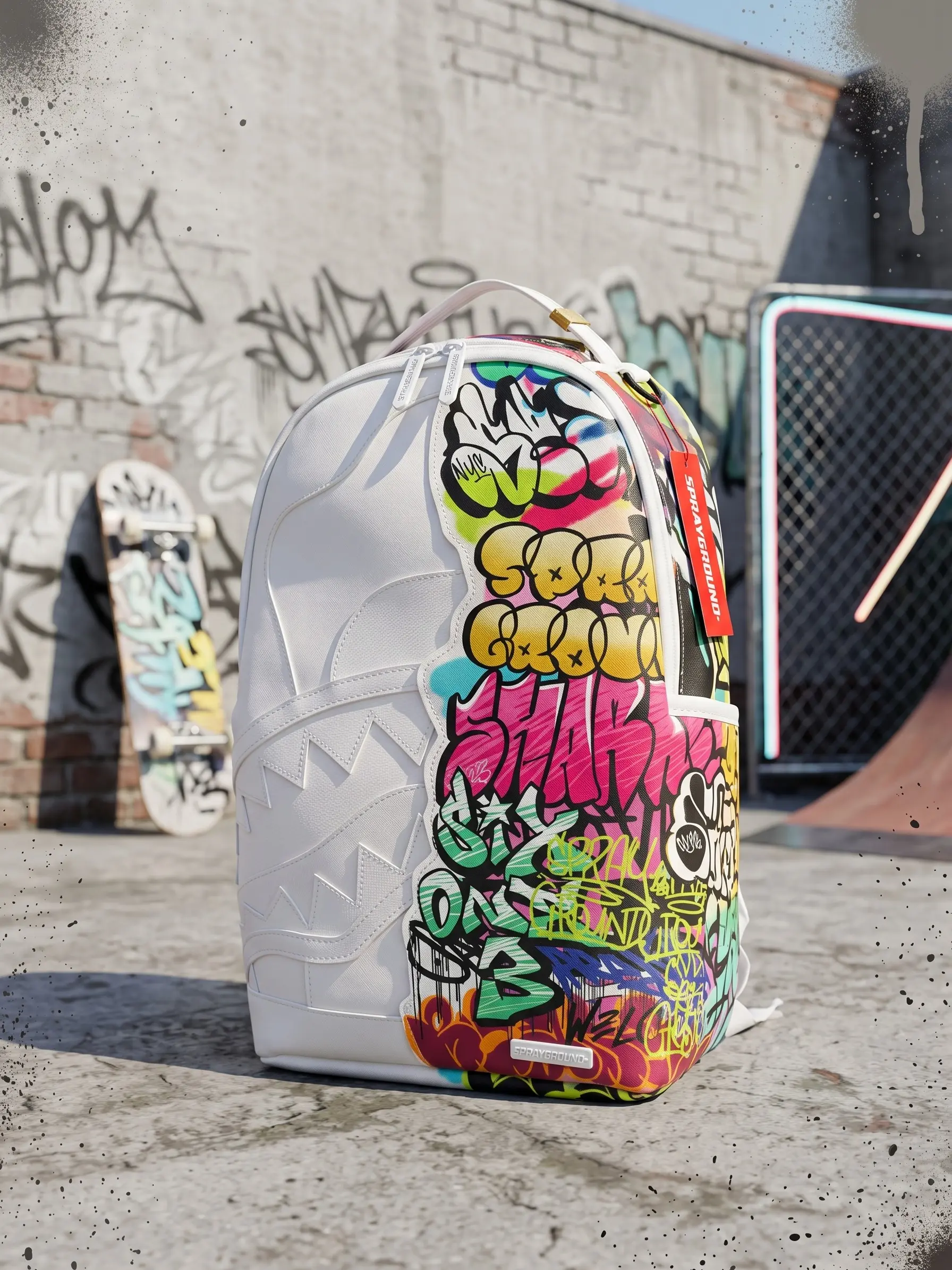 SG White Graffiti Shark-Mouth Laptop Backpack, 3D Embossed Stitching, Streetwear Hip-Hop Style, Large Capacity Dual-Shoulder Bag for School Travel