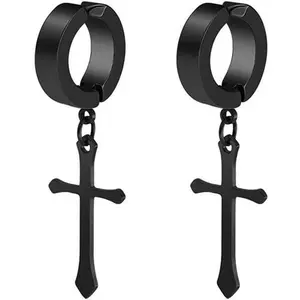 Non-pierced Earrings Set for Men Women Cross Titanium Steel Hoop Dangle Clip On Earring