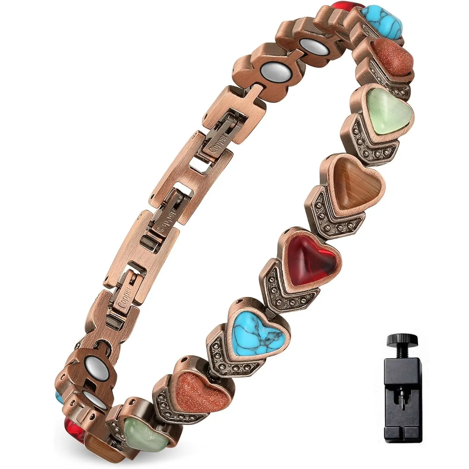 Women's Vintage Alloy Heart Stackable Bracelet - Female Layered Stacking Bangle with Natural Gemstone Inlay, Retro Polished Finish, Adjustable Dainty Minimalist Costume Jewelry for Birthday, Daily Outfit