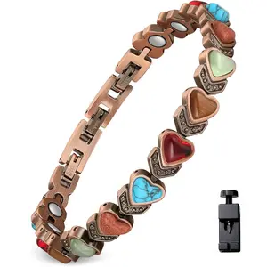 Vintage Copper Heart Bracelet for Women, Natural Gemstone Stackable Bangle, Dainty Fashion Jewelry Gift for Her