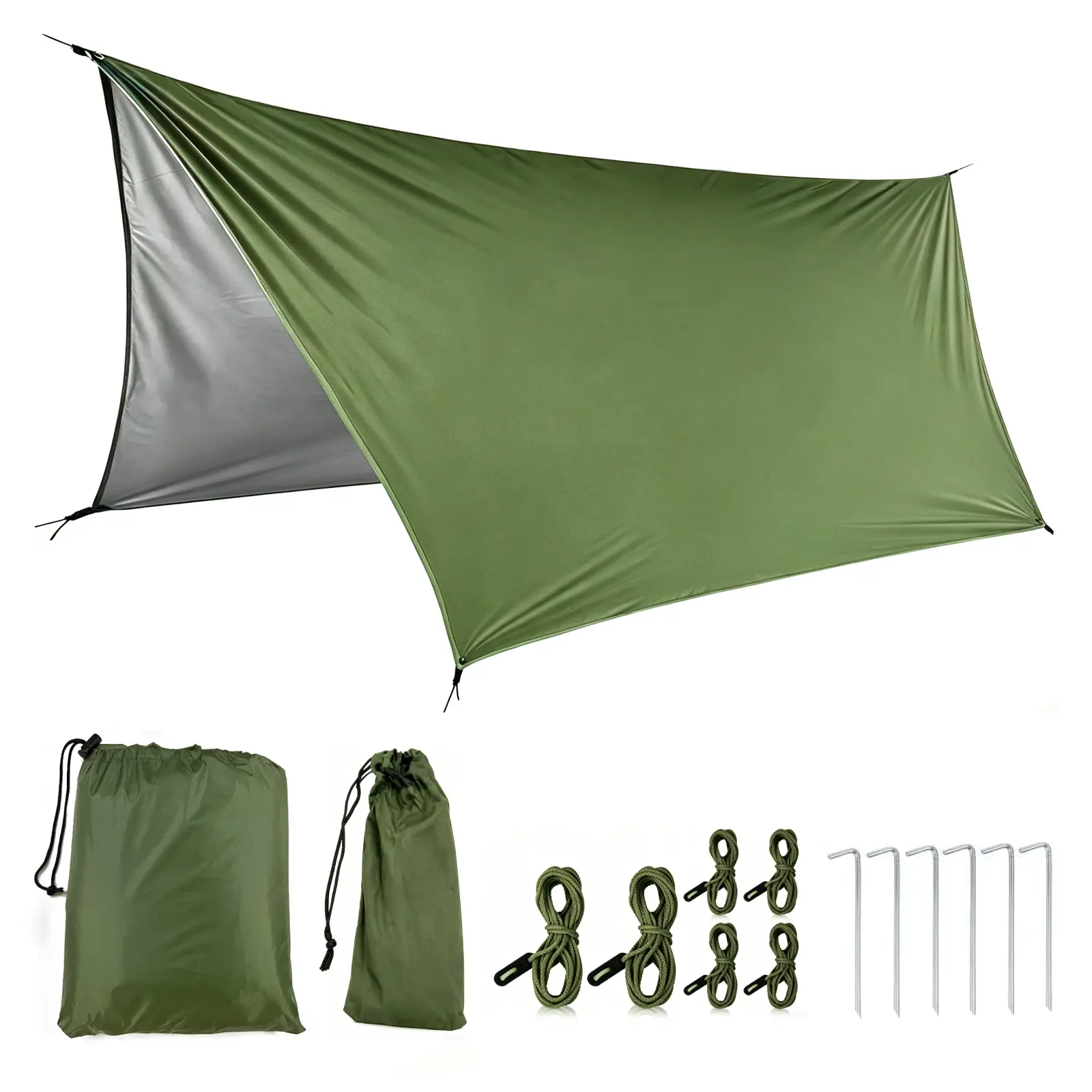 10 x 10ft Camping Tarp Shelter, Waterproof Silver Coated Hammock Rain Fly, Lightweight Sun Shade Canopy With Stakes, Ropes & Carry Bag For Backpacking, Hiking, Outdoor Survival, Camping Essentials,