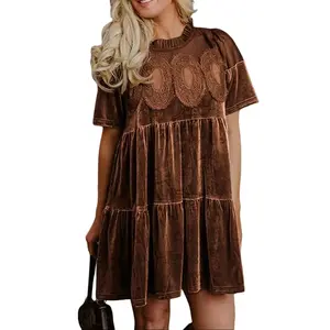 Women’s Velvet Lace Babydoll Mini Dress, Scallop Neck Pleated A-Line Swing Dress for Wedding Daily