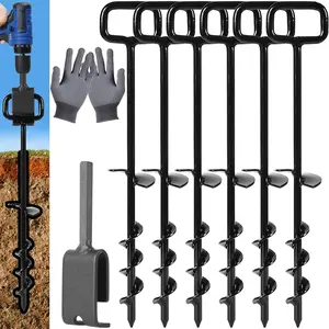 16In Tent Stakes with 6 count Heavy Duty Adapter, Screw Ground Anchors, Tree Straightening Kit, Mobile  Anchors (Black)