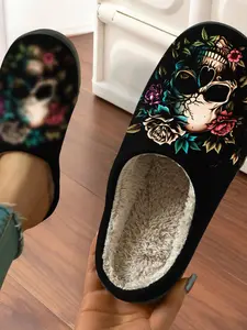 Gothic Romantic Skull Rose Cotton Slippers, Plush Lined Anti-Slip Thick Sole, Home Dark Aesthetic Warm Shoes for Fall & Winter