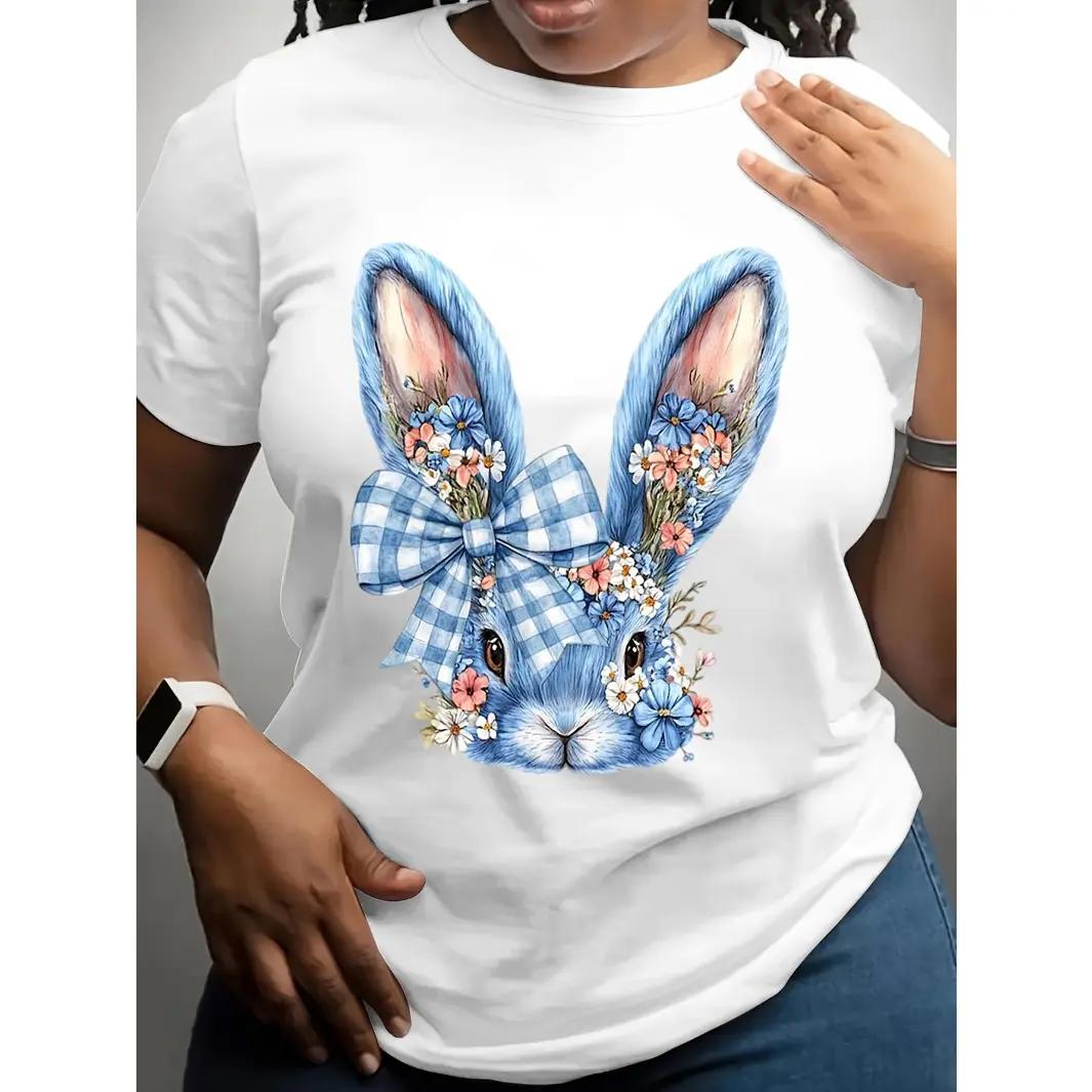 Womens Cotton Short Sleeve Graphic Tee Cute Blue Bunny Floral Bow Print Crewneck Casual Spring Easter Outfit Top Soft Everyday Streetwear Shirt
