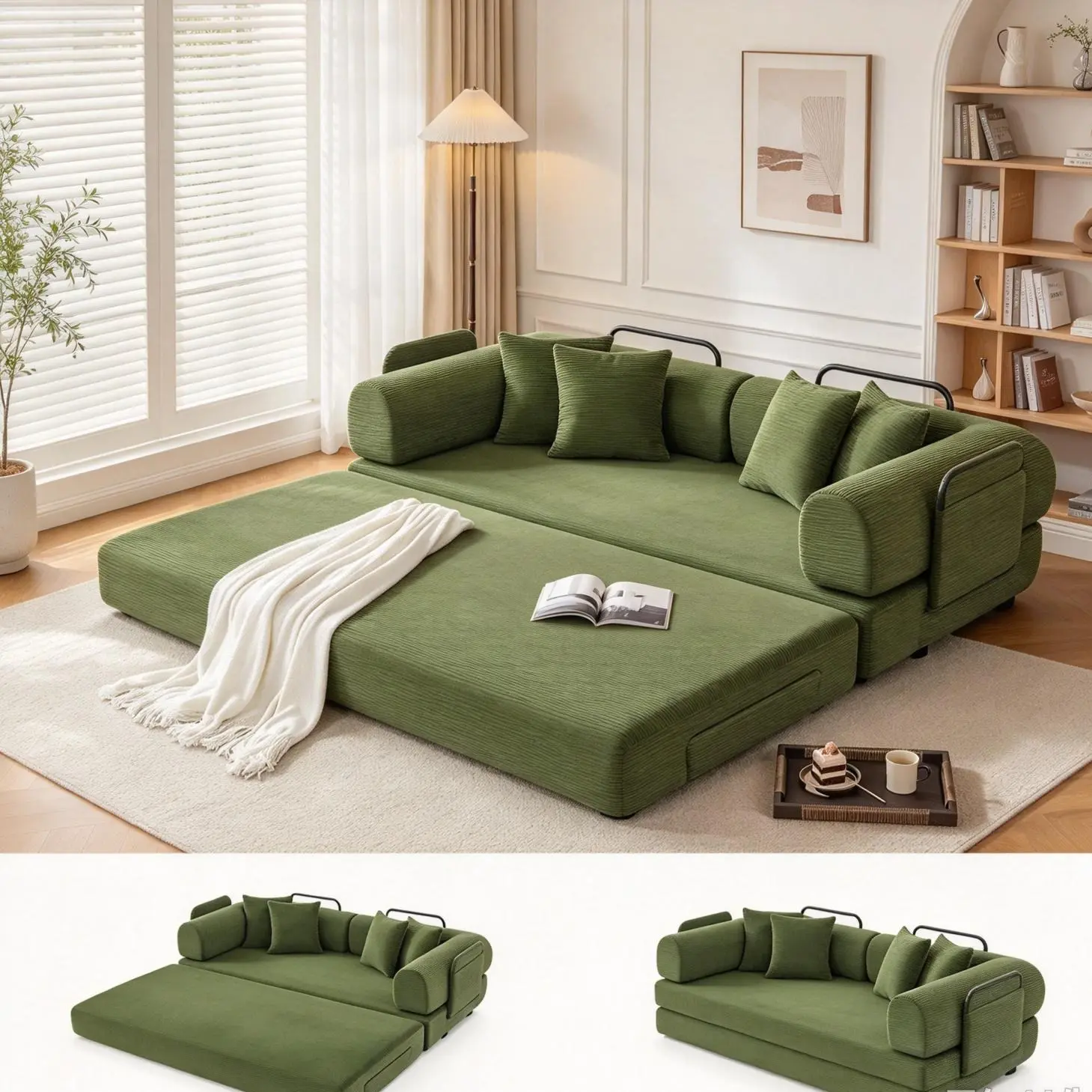 Large Soft 79-118" Convertible Sleeper Sofa Bed with 4 Pillows, 5-in-1 Corduroy Futon Couch for Small Spaces, Boneless Couch Floor Modular Sofa with Fixed-Shape Frame, For Guest Bed & Kids Play Area with Washable Cover,teddy sofa for Adults,No-Assembly