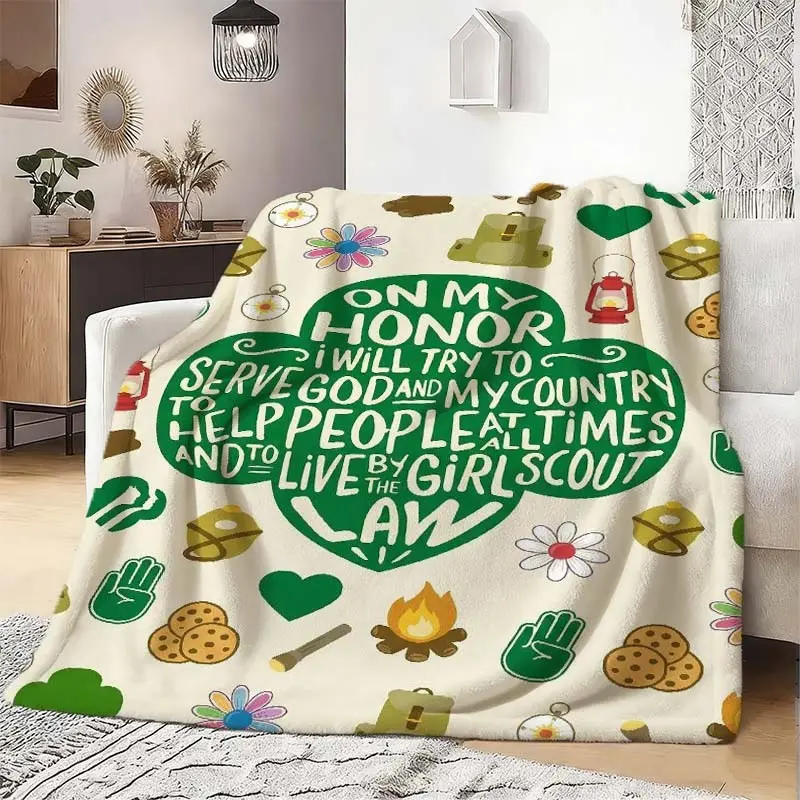Girl Scout Oath Pattern Flannel Blanket - Artwork Print, Cartoon Scene, Colorful Prints, Character Art Blankets - Durable, Wrinkle-Resistant Material for Warmth - Ideal Gift for Friends - Easy to Spread & Hang - 1pc, Artwork Print Blankets