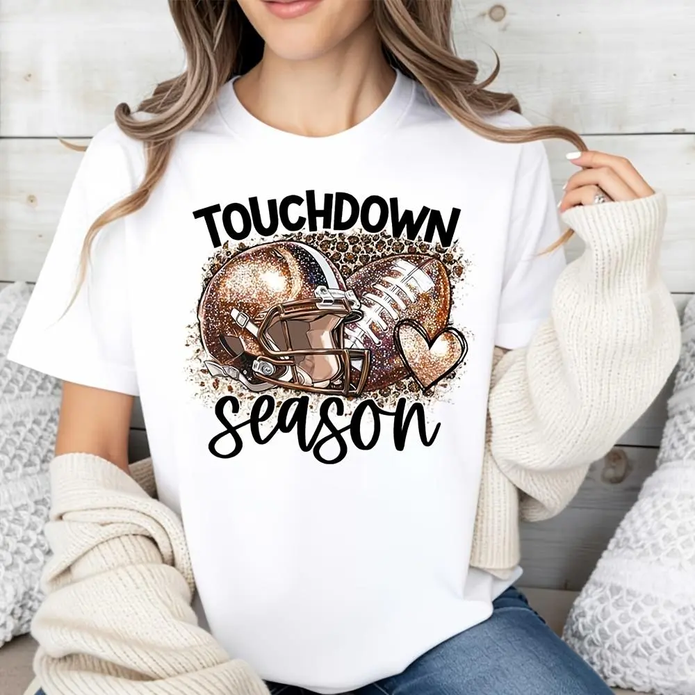 Touchdown Season Glitter Football Helmet Print T-Shirt, Fall Sports Game Day Cheerleading Fan Apparel, Casual Outdoor Stadium Wear