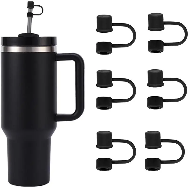 Stanley Cup 30-40 oz Tumbler with 6PCS Silicone Straw Covers - Handle Compatible, Dust-Proof Reusable Straw Cover for Stanley Cup Accessories (Black)