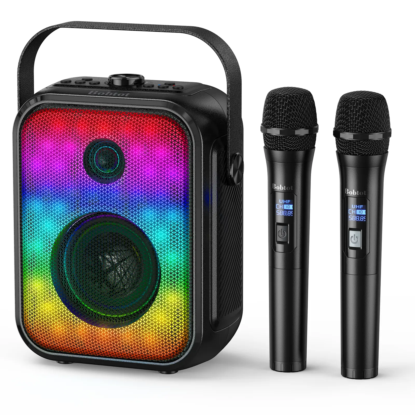 Bobtot EchoJam Portable Bluetooth Karaoke Speaker with 2 Wireless Mics, Deep Bass, LED Lights, TWS Support, FM Radio, USB Rechargeable, Auxiliary Input, Multifunctional Wireless Speaker for Party, Home Use, Usb Rechargeable Speaker