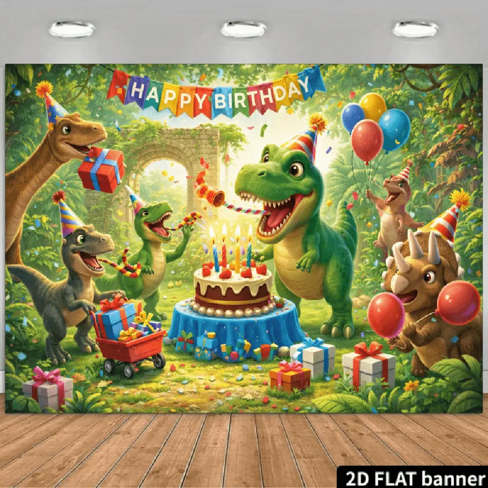 2D Flat Polyester Photography Backdrop Banner - HD Print, Soft, Lightweight, Foldable, Cartoon Characters Dinosaur Jungle Theme Cloth for Birthday Party Decor, Photo Booth Props