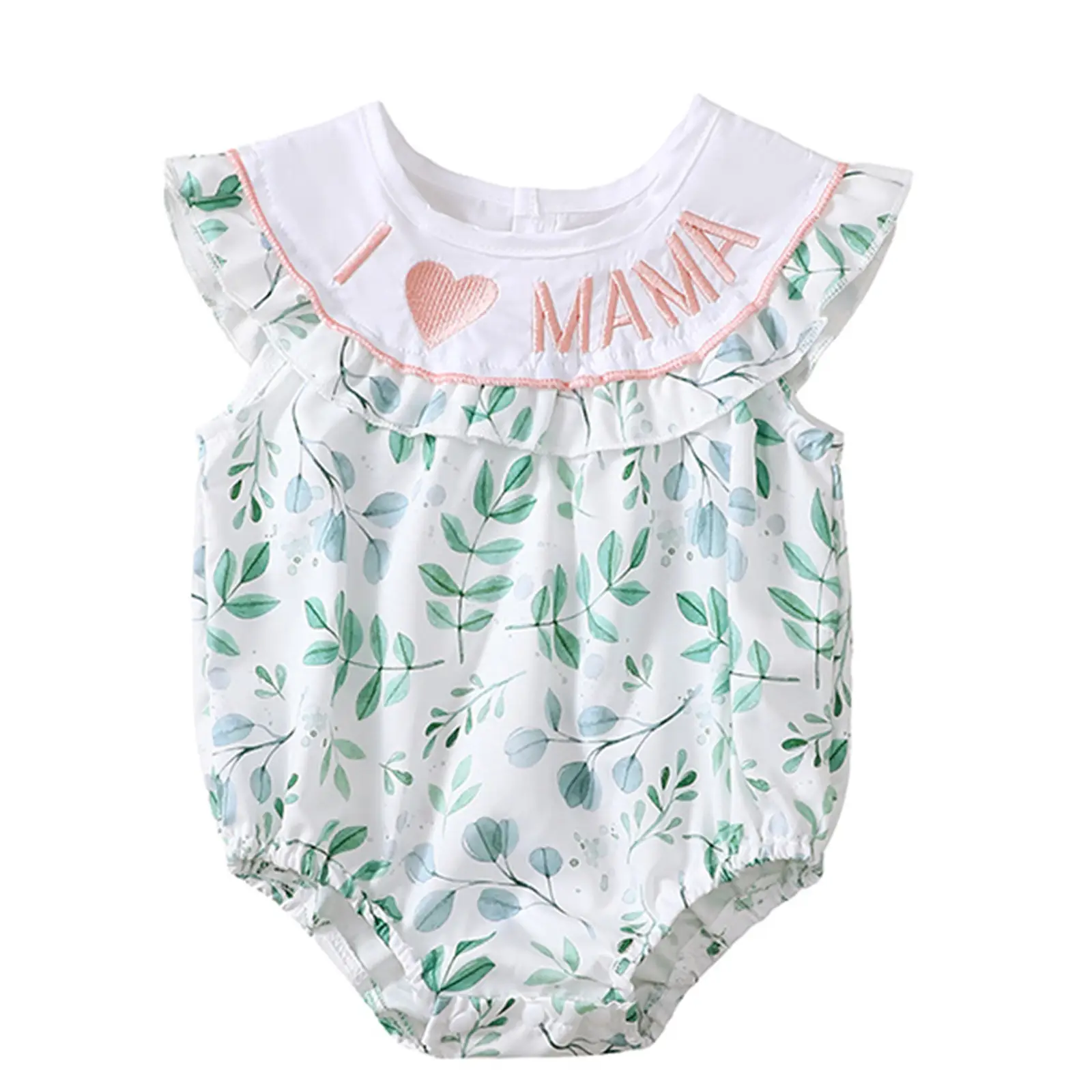 Lovely Baby Girls Bubble Romper Ruffles Sleeveless Love Mama Embroidery Floral Print Onesie Bodysuit Summer Outfits for Casual Daily #Springtok